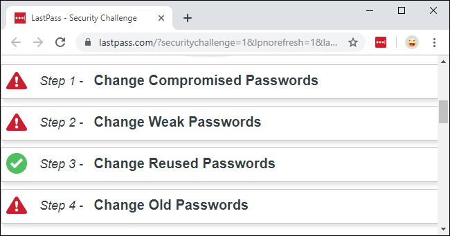 O Desafio de Segurança LastPass mostrando senhas comprometidas, fracas, reutilizadas e antigas.