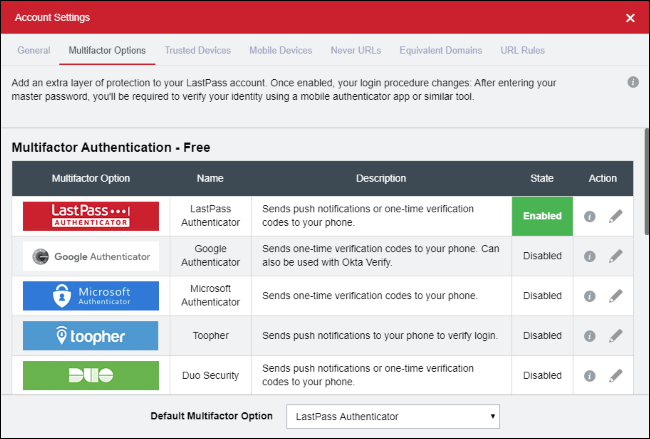 Opções de autenticação multifator do LastPass.