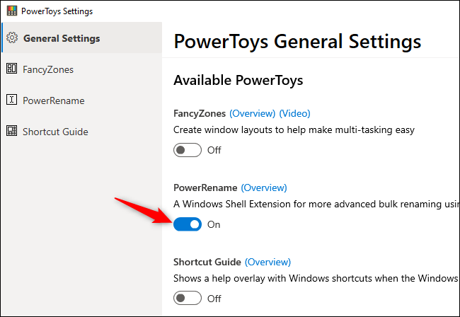 Ativando a extensão do shell PowerRename do Windows nas configurações do PowerToys.
