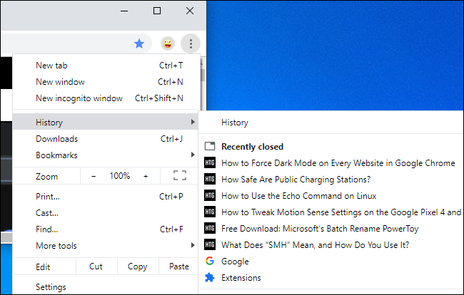 Reabrindo uma guia fechada do menu Histórico do Chrome.