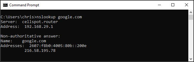 Executar uma pesquisa de DNS com o comando nslookup no Windows 10.