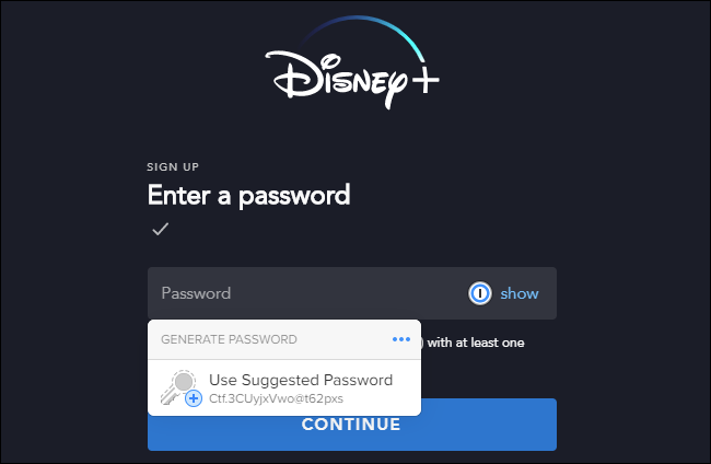 Gerar uma senha forte para Disney + com o gerenciador de senhas 1Password X no Google Chrome.