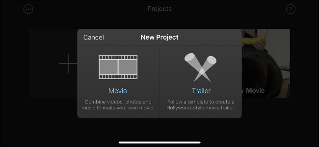 O menu "Novo Projeto" no iMovie.