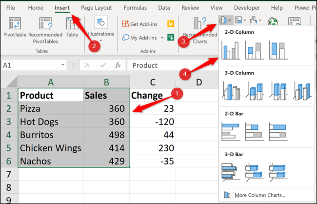 Inserir gráfico de colunas no Excel