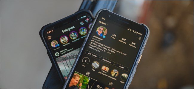 Instagram no modo escuro em um telefone iPhone e Android.