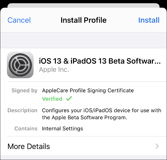 A opção "Instalar Perfil" para o software iOS 13 e iPadOS 13 Beta. 