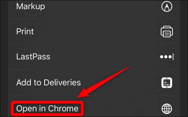 Folha de compartilhamento iOS iPadOS aberta no Chrome