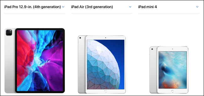 Um 2020 de 12,9 polegadas iPad Pro, iPad Air e iPad mini.