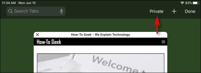 Toque em Privado no Safari no iPad