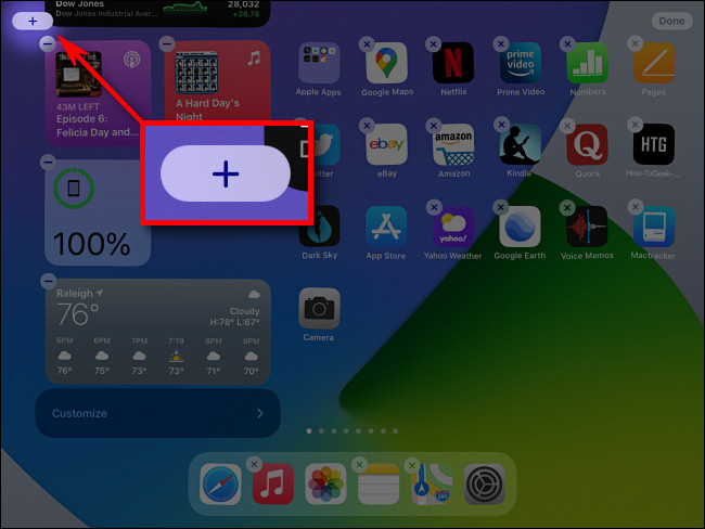 Ao editar a Visualização de Hoje, toque no botão "mais" para adicionar widgets no iPadOS 14.