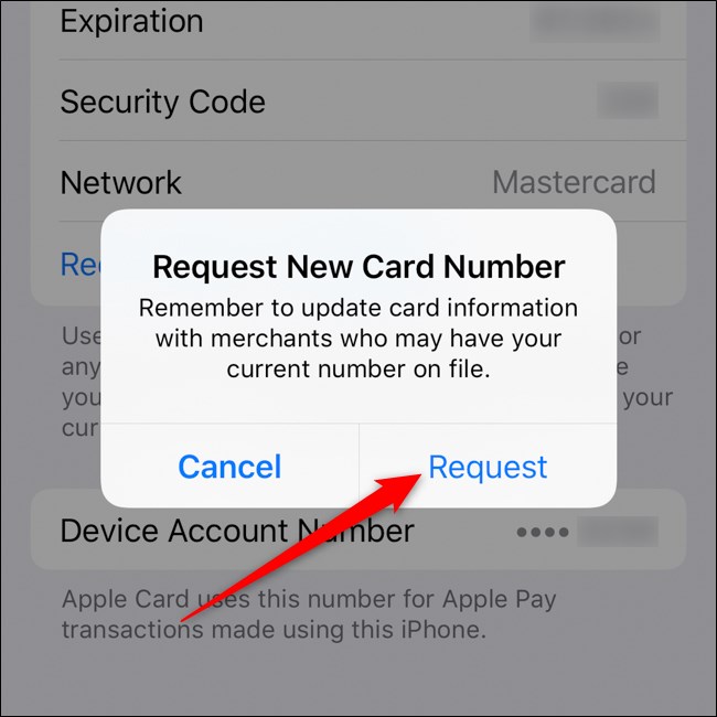 Pedido de confirmação de novo número de cartão para iPhone Apple Card