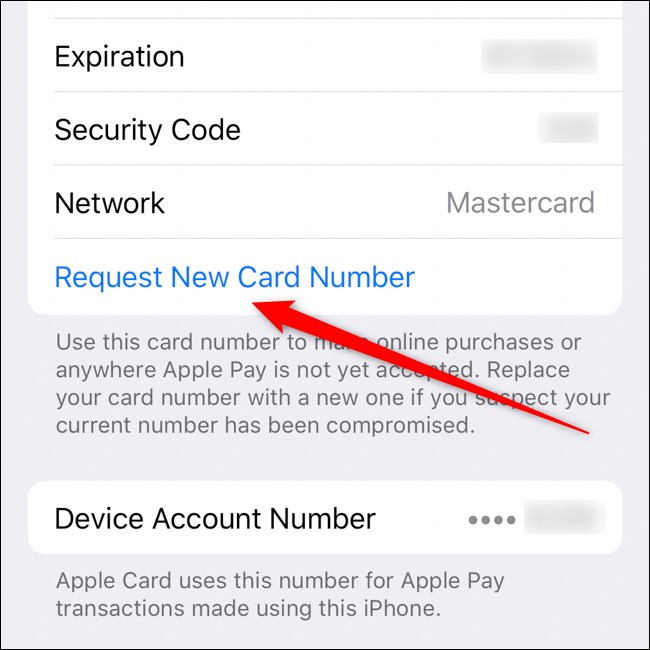 Botão de solicitação de novo número de cartão para iPhone Apple