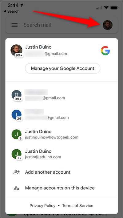iPhone Gmail Tap Avatar Account Switcher