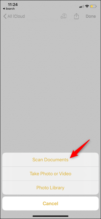 O ícone "Digitalizar documentos" no aplicativo Notas do iPhone.