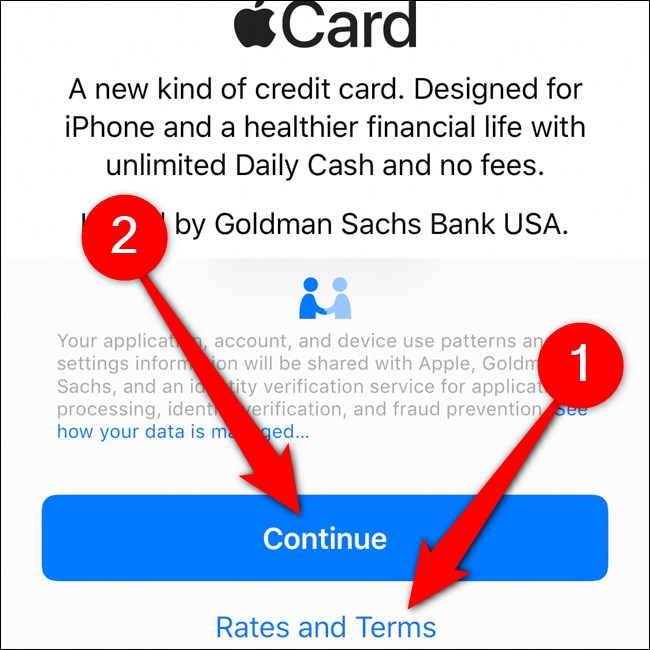 iPhone Wallet Cartão Apple Leia os termos Toque em Continuar