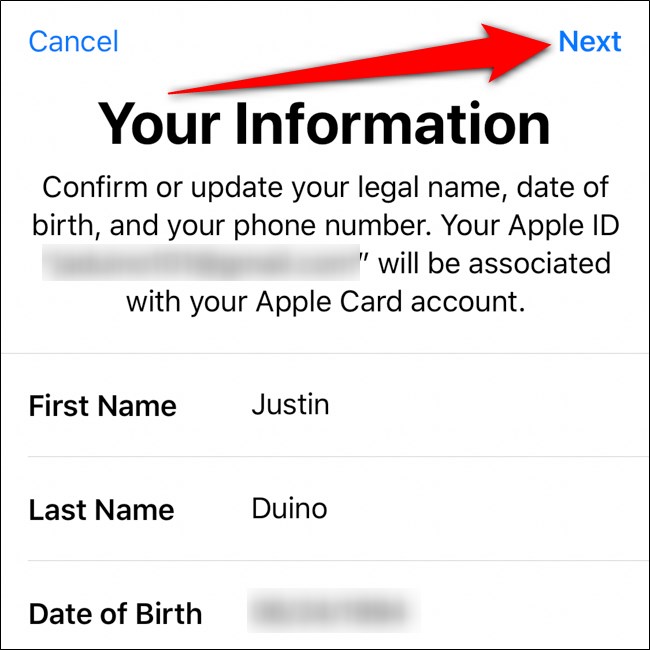 iPhone Wallet Confirme suas informações Toque em Avançar