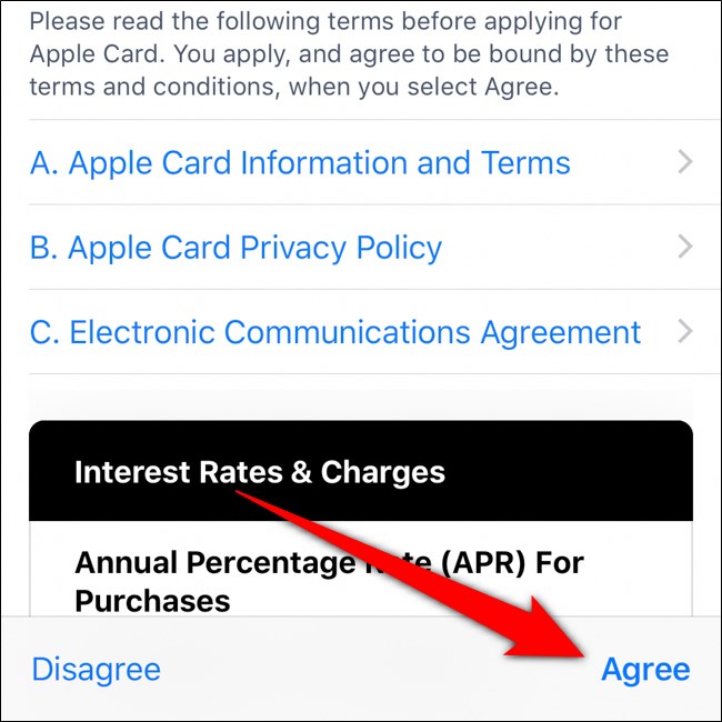 iPhone Wallet Leia e concorde com os termos e acordos