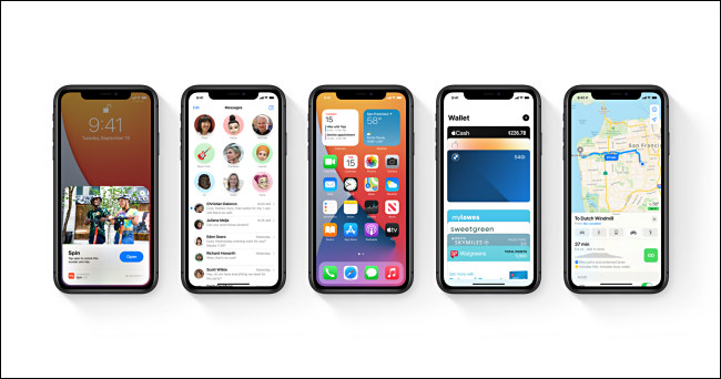 Cinco iPhones da Apple com iOS 14