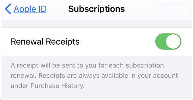 A configuração "Recibos de renovação" em "Assinaturas" em um iPhone.