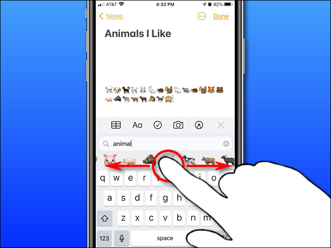 Percorra os resultados da pesquisa de emoji com o dedo no iPhone.