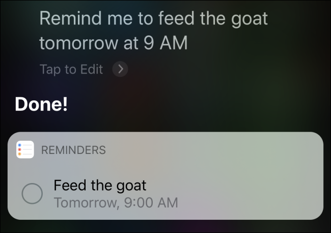 Siri confirmando um lembrete para "alimentar a cabra amanhã às 9h". 