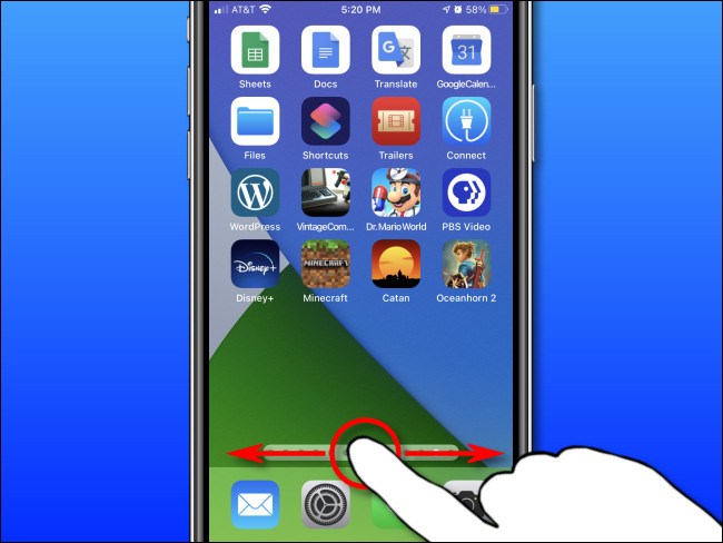 Usando o dedo, deslize para a esquerda e para a direita no iPhone para deslizar rapidamente entre as páginas da tela inicial.