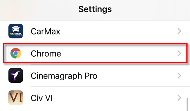 Nas configurações do iPhone, toque em Chrome.