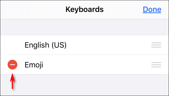 Toque no círculo vermelho para remover o teclado Emoji nos Ajustes do iPhone