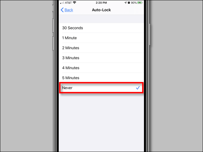 Toque em "Nunca" nas configurações de "Bloqueio automático" nas configurações do iPhone.