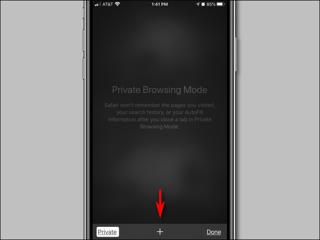 Toque em mais no modo de navegação privada no Safari para iPhone