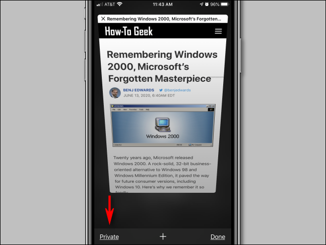 Toque no botão Privado no Safari para iPhone
