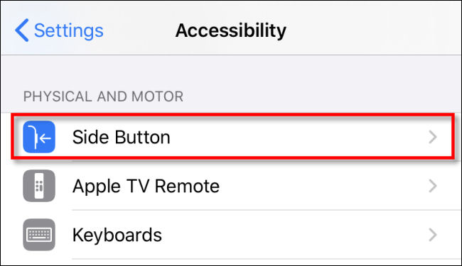 Nas configurações de acessibilidade do iPhone, toque em "Botão lateral".