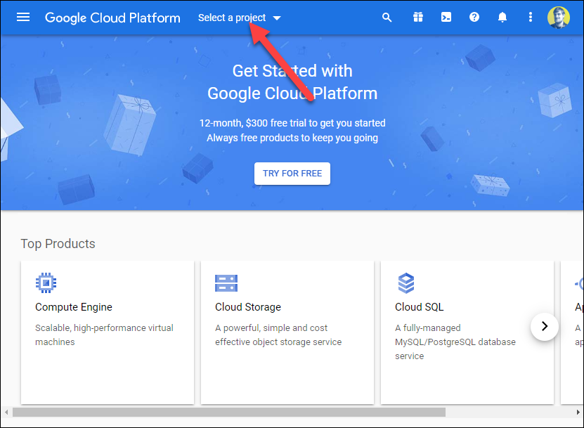 Clique em "Selecionar um projeto" no Google Cloud Platform.
