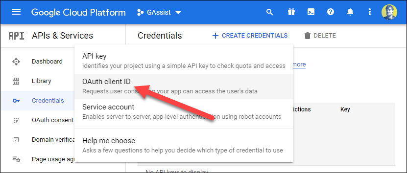 Selecione "ID do cliente OAuth".