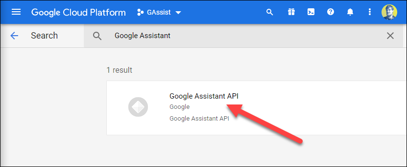 Clique na opção "API do Google Assistant" quando ela aparecer.