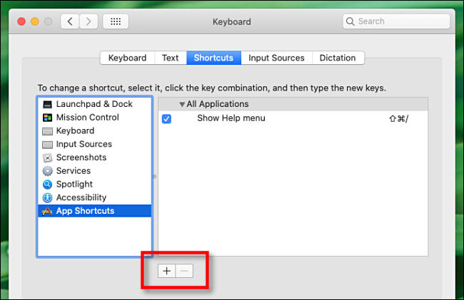Clique no sinal de mais (+) para adicionar um atalho de teclado.