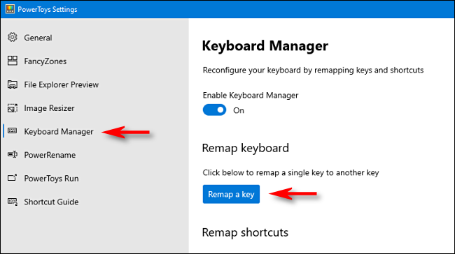 Clique em “Gerenciador de teclado” na barra lateral e, em seguida, clique em “Remapear uma chave”.