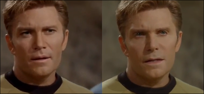 Uma cena de Star Trek com o Capitão Kirk interpretado por Vic Mignogna.  Os fãs criaram um deepfake dessa cena onde o rosto de William Shatner é sobreposto ao de Vic.  Ironicamente, o rosto de Vic é o que parece profundamente falso.