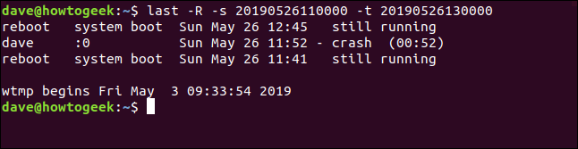 último -R -s 20190526110000 -t 20190527130000 em uma janela de terminal