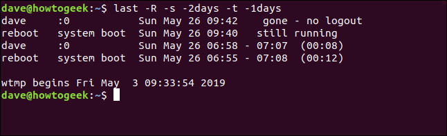 last -R -s -2days -t -1days em uma janela de terminal