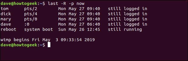 Saída do último -R -p agora em uma janela de terminal