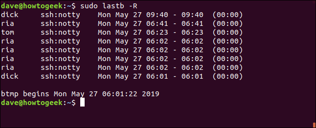 lastb - R em uma janela de terminal