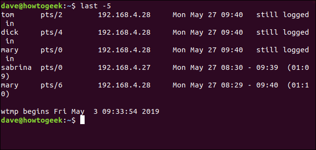 primeiras cinco linhas de twmp em uma janela de terminal