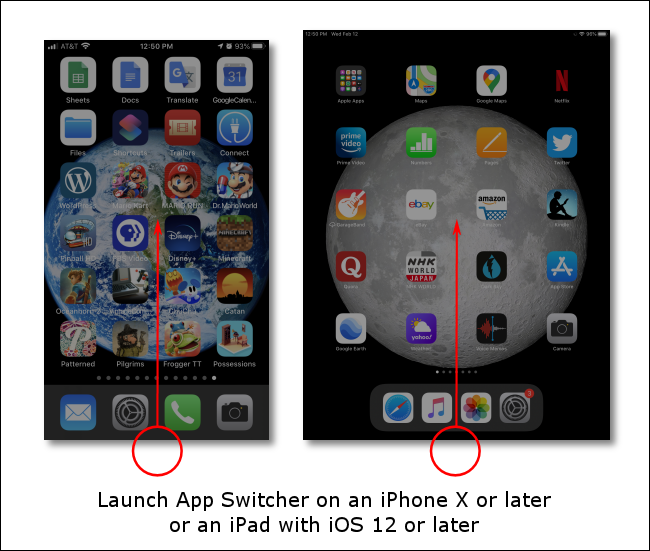 Deslize de baixo para cima na tela para iniciar o App Switcher em iPhones ou iPads sem botões Home.
