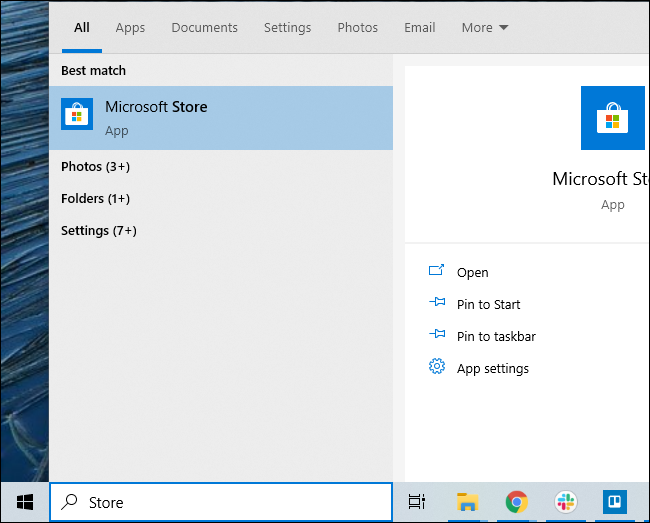 Iniciando o aplicativo Microsoft Store no Windows 10.