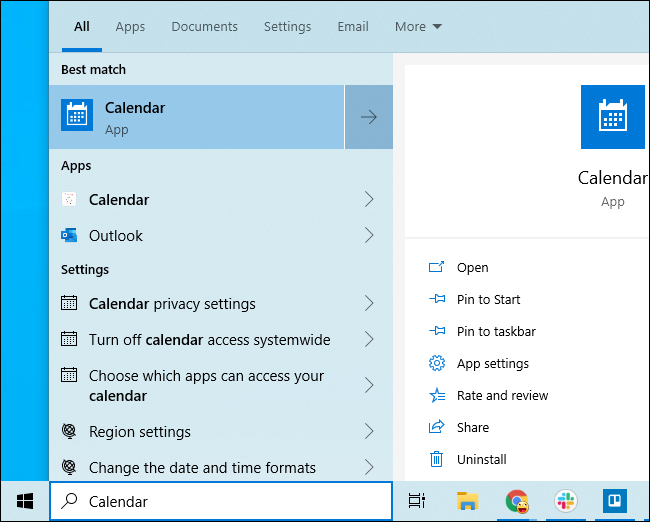 Iniciando o aplicativo Calendário do Windows 10 a partir do menu Iniciar.