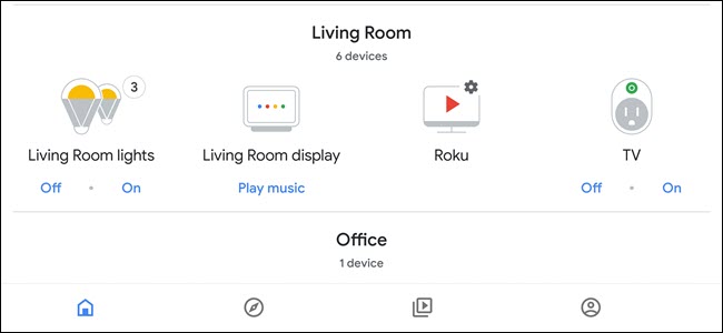 App Google Assistant mostrando dispositivos agrupados na sala de estar