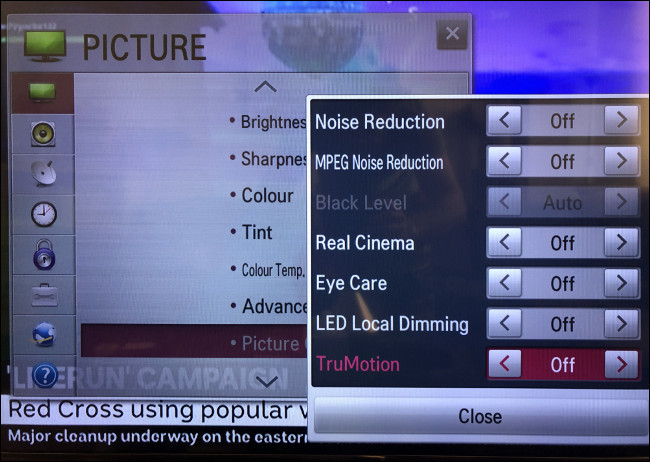 A configuração "TruMotion" está desativada no menu "Imagem" em uma TV LG.