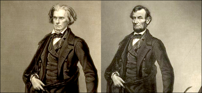 Uma gravura de Calhoun ao lado de uma gravura de Lincoln.  Claramente, o rosto de Lincoln foi sobreposto ao corpo de Calhoun.  Caso contrário, as gravuras são idênticas.