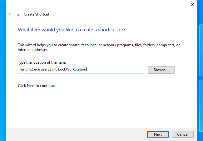 Criação de um atalho que bloqueia o computador no Windows 10.